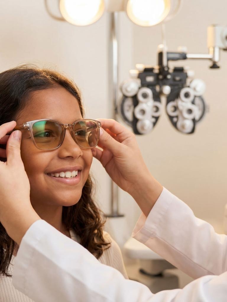 Child being fitted with Avulux migraine light sensitivity lenses — available for patients age 12 and older