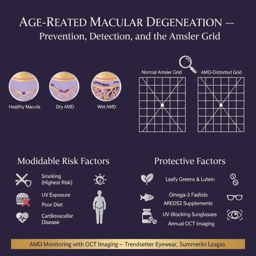 Infographic on age-related macular degeneration prevention and detection: retina cross-section comparing healthy macula versus dry AMD with drusen deposits versus wet AMD with abnormal blood vessel growth; Amsler grid self-test showing normal straight grid lines versus AMD-distorted wavy or missing center; modifiable risk factors including smoking as highest risk, UV exposure, poor diet, obesity, and cardiovascular disease; protective factors including leafy greens and lutein, omega-3 fatty acids, AREDS2 supplements, UV-blocking sunglasses, and annual OCT imaging — AMD monitoring with OCT imaging at Trendsetter Eyewear Summerlin Las Vegas.