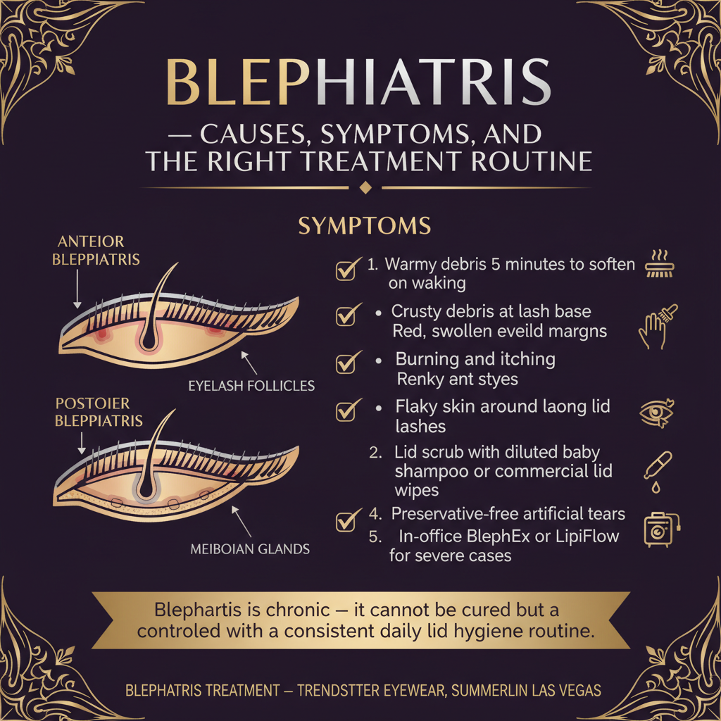 Infographic on blepharitis covering causes, symptoms, and the right treatment routine: eyelid anatomy diagram showing anterior blepharitis affecting eyelash follicles and skin versus posterior blepharitis affecting meibomian glands at the lid margin; symptom checklist including crusty debris at lash base on waking, red swollen eyelid margins, burning and itching, flaky skin around lashes, recurrent styes, and dry eye symptoms; treatment routine showing warm compress 5 minutes to soften debris, lid scrub with diluted baby shampoo or commercial lid wipes, gentle massage along lid margin, preservative-free artificial tears, and in-office BlephEx or LipiFlow for severe cases — blepharitis treatment at Trendsetter Eyewear Summerlin Las Vegas.