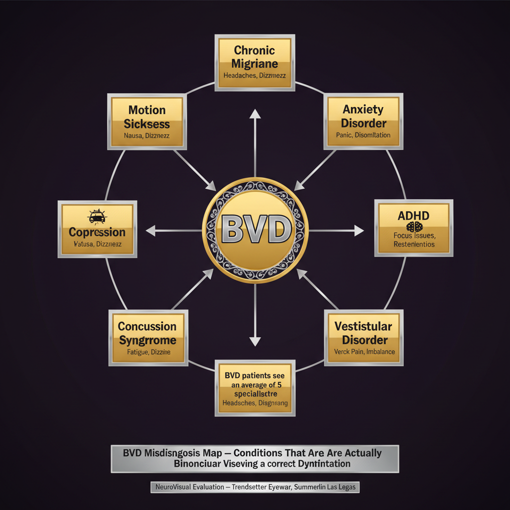 Infographic showing BVD misdiagnosis map: central hub labeled BVD with spokes to eight misdiagnosis boxes including chronic migraine, anxiety disorder, ADHD, vestibular disorder, cervicogenic headache, depression, concussion syndrome, and motion sickness, each showing the overlapping symptom that causes confusion; BVD patients see an average of 5 specialists before receiving a correct diagnosis — NeuroVisual evaluation at Trendsetter Eyewear Summerlin Las Vegas.