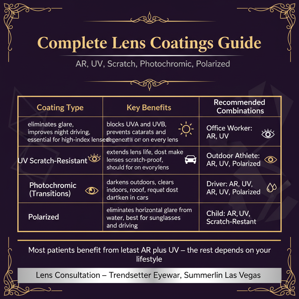 Infographic showing complete lens coatings guide for AR, UV, scratch, photochromic, and polarized: five-row table with anti-reflective eliminating glare and improving night driving, UV protection blocking UVA and UVB to prevent cataracts and macular degeneration, scratch-resistant extending lens life and required for polycarbonate, photochromic Transitions darkening outdoors and clearing indoors but not darkening in cars, and polarized eliminating horizontal glare from water and roads best for sunglasses and driving; recommended combinations by lifestyle for office worker, outdoor athlete, driver, and child — lens consultation at Trendsetter Eyewear Summerlin Las Vegas.