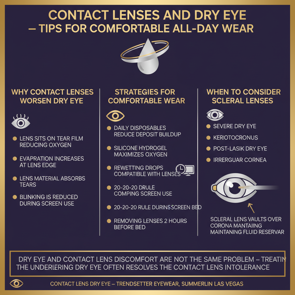 Infographic on contact lenses and dry eye showing tips for comfortable all-day wear: why contact lenses worsen dry eye including lens sitting on tear film reducing oxygen, evaporation increasing at lens edge, lens material absorbing tears, and blinking reduced during screen use; strategies for comfortable wear including daily disposables reducing deposit buildup, silicone hydrogel maximizing oxygen, rewetting drops compatible with lenses, 20-20-20 rule during screen use, and removing lenses 2 hours before bed; when to consider scleral lenses for severe dry eye, keratoconus, post-LASIK dry eye, and irregular cornea showing scleral lens vaults over cornea maintaining fluid reservoir — contact lens dry eye at Trendsetter Eyewear Summerlin Las Vegas.