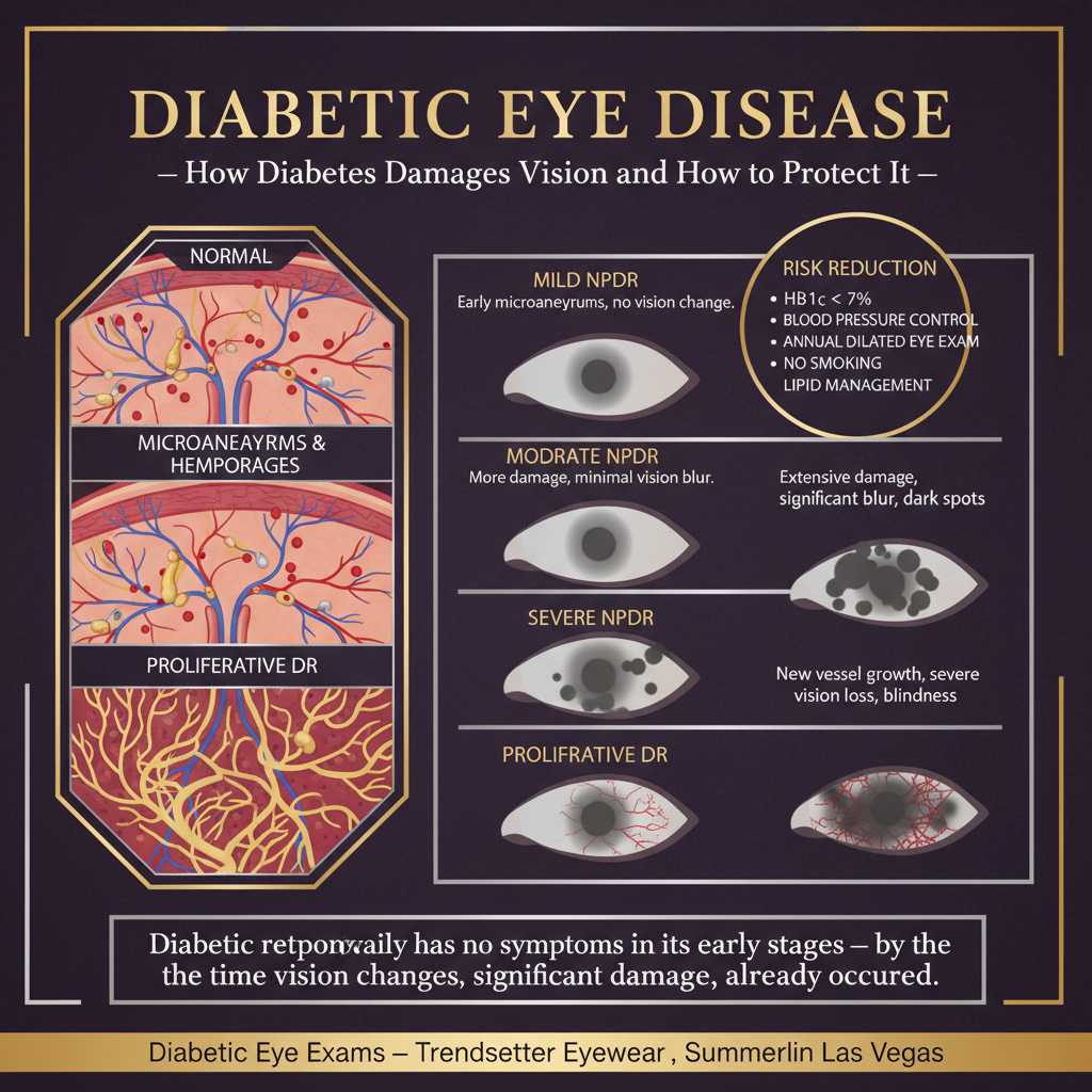 Infographic on diabetic eye disease showing how diabetes damages vision and how to protect it: retina cross-section showing progression from normal blood vessels to microaneurysms, then dot hemorrhages, then neovascularization in proliferative diabetic retinopathy; four stages of mild NPDR, moderate NPDR, severe NPDR, and proliferative DR with visual impact at each stage; risk reduction factors including HbA1c below 7 percent, blood pressure control, annual dilated eye exam, no smoking, and lipid management — diabetic eye exams at Trendsetter Eyewear Summerlin Las Vegas.