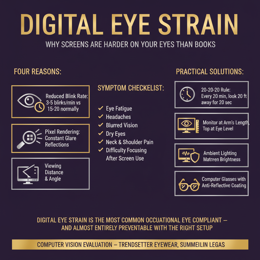 Infographic on digital eye strain and why screens are harder on eyes than books: four reasons screens are harder including reduced blink rate at 3-5 blinks per minute versus 15-20 normally, pixel rendering requiring constant refocus, screen glare and reflections, and viewing distance and angle; symptom checklist including eye fatigue, headaches, blurred vision, dry eyes, neck and shoulder pain, and difficulty focusing after screen use; practical solutions including 20-20-20 rule diagram, monitor at arm length with top at eye level, matte screen filter, ambient lighting matching screen brightness, and computer glasses with anti-reflective coating — computer vision evaluation at Trendsetter Eyewear Summerlin Las Vegas.