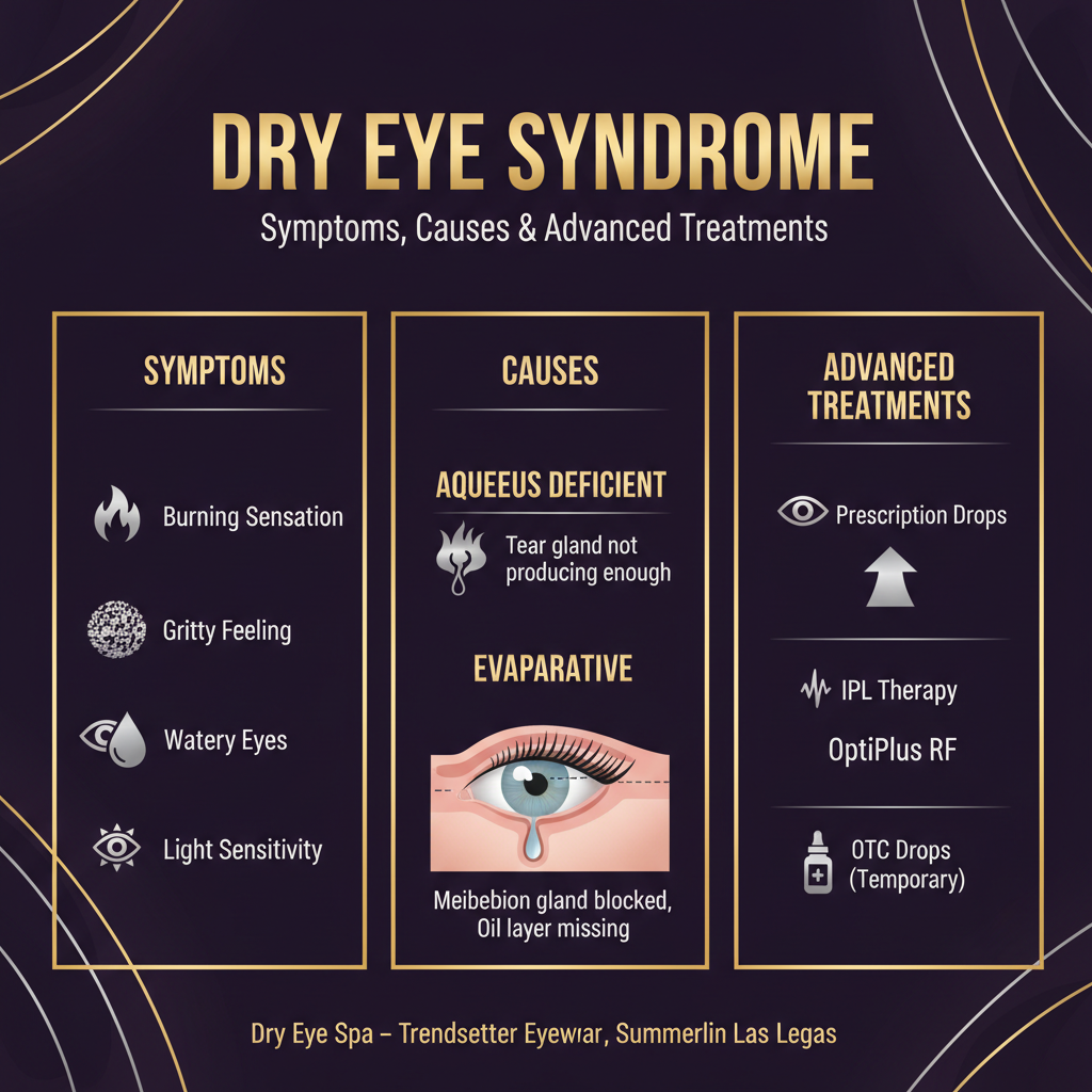 Infographic showing dry eye syndrome in three columns: symptoms including burning, gritty feeling, watery eyes, blurred vision, and light sensitivity; causes showing aqueous deficient dry eye from insufficient tear production and evaporative dry eye from blocked meibomian glands with eyelid cross-section diagram; treatments ranked from OTC drops as temporary relief up to IPL therapy, OptiPlus RF radiofrequency, and prescription drops at Trendsetter Eyewear Dry Eye Spa Summerlin Las Vegas.