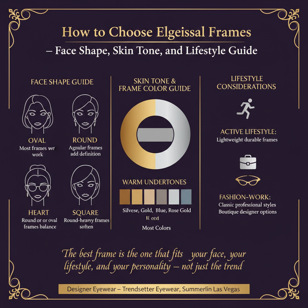 Infographic on how to choose eyeglass frames covering face shape, skin tone, and lifestyle: face shape guide showing oval works with most frames, round face benefits from angular frames, square face benefits from round or oval frames, heart face benefits from bottom-heavy frames, and oblong face benefits from wide frames; skin tone and frame color guide showing warm undertones suit tortoise, gold, and warm brown, cool undertones suit silver, black, blue, and rose gold, and neutral undertones suit most colors; lifestyle considerations showing active lifestyle needs lightweight durable frames, office work suits classic professional styles, and fashion-forward patients benefit from boutique designer options — designer eyewear at Trendsetter Eyewear Summerlin Las Vegas.