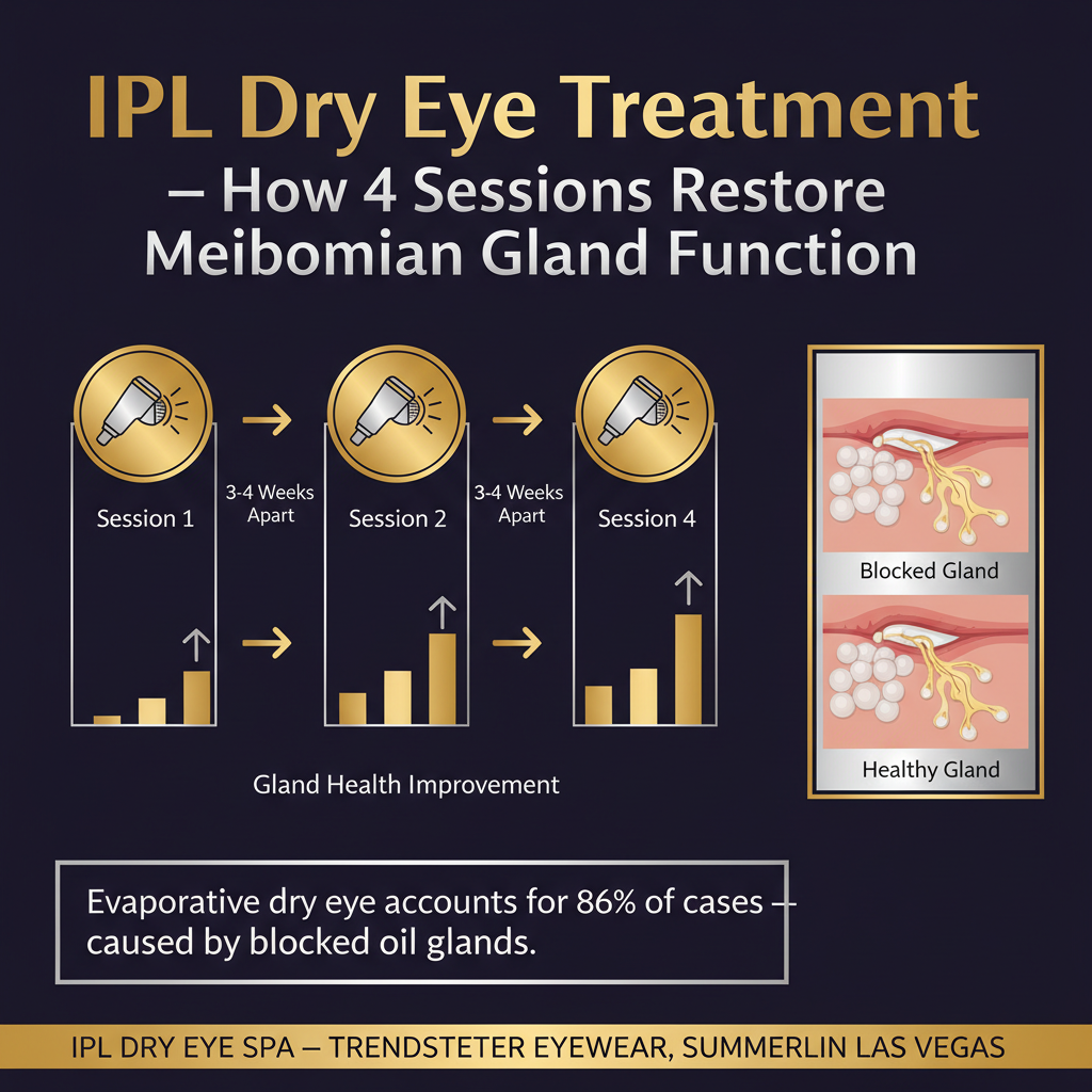 Infographic showing IPL dry eye treatment timeline: 4 sessions spaced 3-4 weeks apart progressively restore meibomian gland function. Each session uses intense pulsed light over the closed eyelid area. A cross-section diagram shows blocked versus healthy meibomian glands. 86 percent of dry eye cases are evaporative, caused by blocked oil glands. Trendsetter Eyewear Dry Eye Spa, Summerlin Las Vegas.