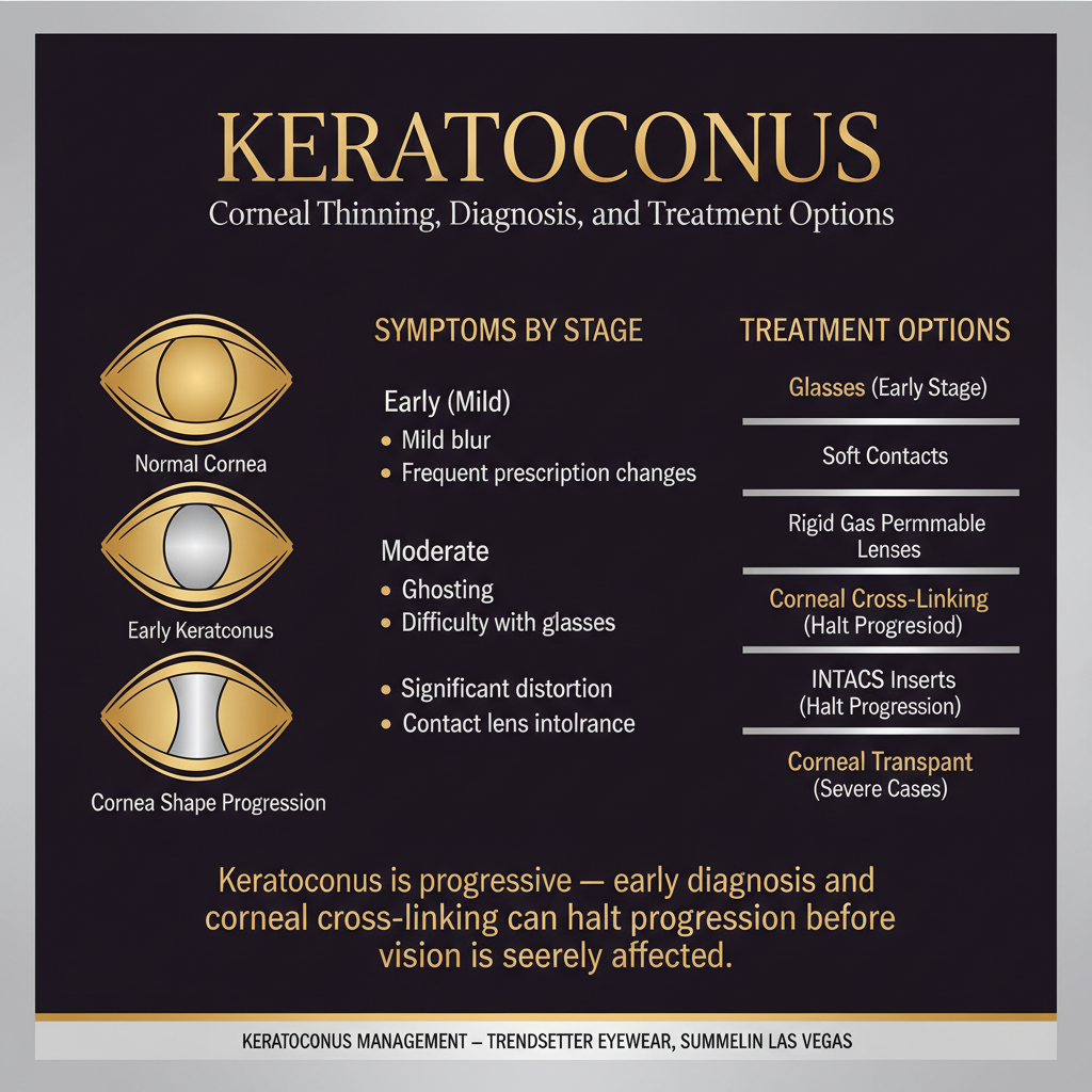 Infographic on keratoconus showing corneal thinning, diagnosis, and treatment options: cornea shape progression diagram showing normal dome-shaped cornea versus early keratoconus with slight bulge versus advanced keratoconus with cone-shaped protrusion; symptoms by stage including early mild blur and frequent prescription changes, moderate ghosting and halos and difficulty with glasses, and advanced significant distortion and contact lens intolerance; treatment ladder from glasses for early stage through soft contacts, rigid gas permeable lenses, scleral lenses for moderate to advanced, corneal cross-linking to halt progression, INTACS inserts, and corneal transplant for severe cases — keratoconus management at Trendsetter Eyewear Summerlin Las Vegas.