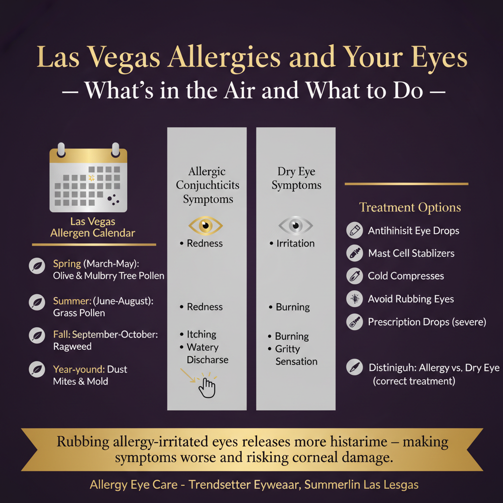 Infographic on Las Vegas allergies and eye symptoms: Las Vegas allergen calendar showing peak seasons with spring olive and mulberry tree pollen March-May, summer grass pollen June-August, fall ragweed September-October, and year-round dust mites and mold; allergic conjunctivitis symptoms versus dry eye symptoms comparison showing both cause redness and irritation but allergies add itching and watery discharge while dry eye adds burning and gritty sensation; treatment options including antihistamine eye drops, mast cell stabilizers, cold compresses, avoiding rubbing, prescription drops for severe cases, and distinguishing allergy from dry eye for correct treatment — allergy eye care at Trendsetter Eyewear Summerlin Las Vegas.