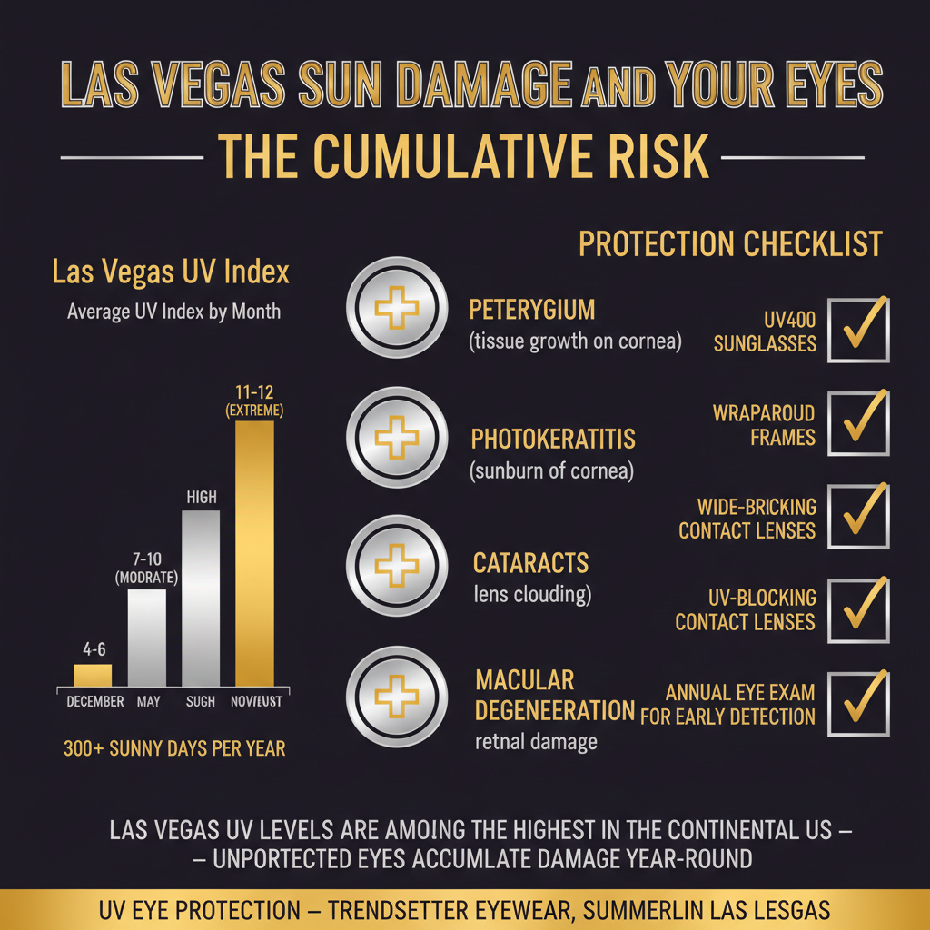 Infographic on Las Vegas sun damage and eye health: Las Vegas UV index chart showing average UV index by month with peak June-August at 11-12 extreme and winter months at 4-6 moderate with 300 plus sunny days per year annotation; eye conditions caused by UV accumulation including pterygium tissue growth on cornea, photokeratitis sunburn of cornea, cataracts lens clouding, and macular degeneration retinal damage; protection checklist including UV400 sunglasses, wraparound frames, wide-brim hat, UV-blocking contact lenses, and annual eye exam for early detection — UV eye protection at Trendsetter Eyewear Summerlin Las Vegas.
