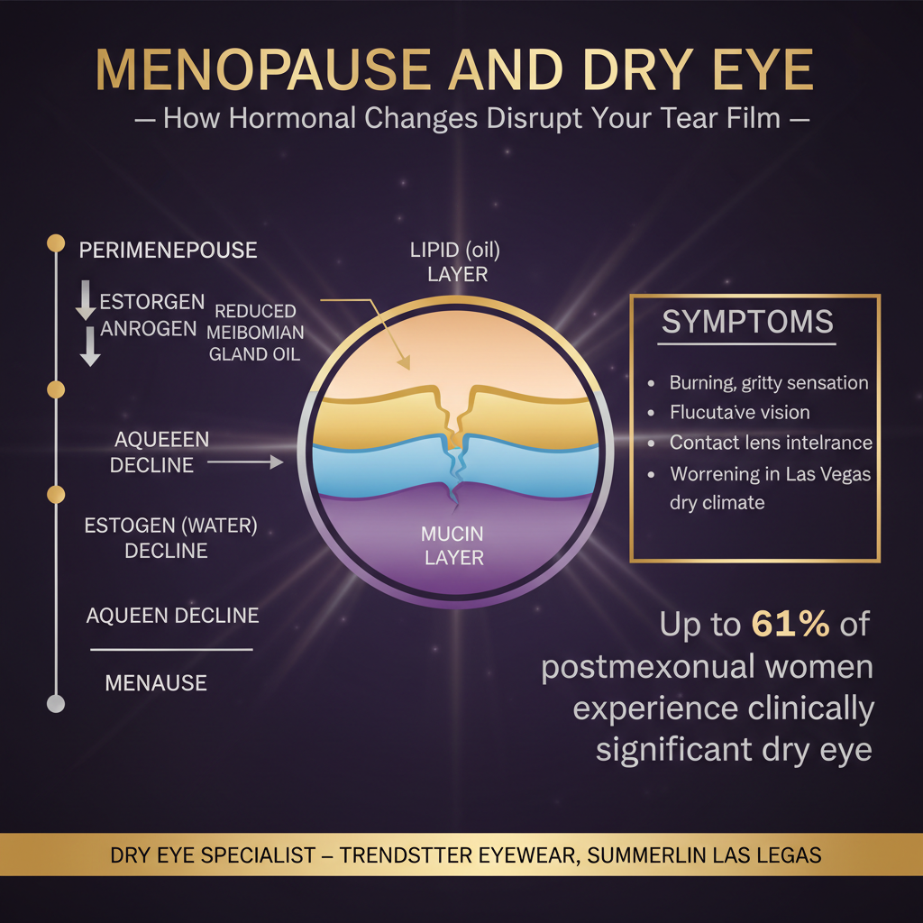 Infographic showing how menopause causes dry eye: left panel shows hormone level timeline with estrogen and androgen declining through perimenopause and menopause; center tear film cross-section shows three layers with arrows indicating androgen deficiency reduces meibomian gland oil production and estrogen decline reduces aqueous layer; right symptoms checklist includes burning, gritty sensation, fluctuating vision, contact lens intolerance, and worsening in Las Vegas dry climate; bottom stat shows up to 61 percent of postmenopausal women experience clinically significant dry eye — Trendsetter Eyewear Dry Eye Spa Summerlin Las Vegas.