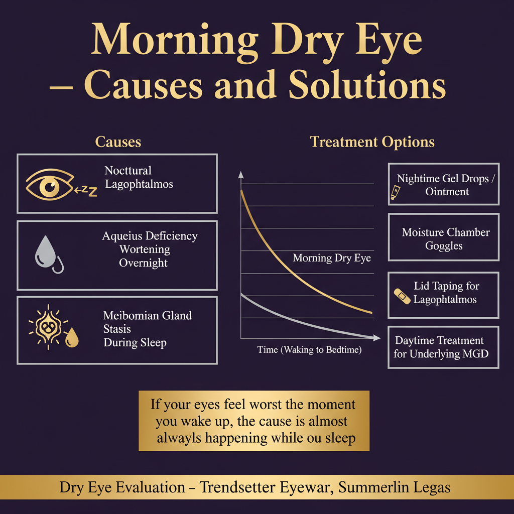 Infographic on morning dry eye causes and solutions: three causes of nighttime dry eye including nocturnal lagophthalmos with eyelids not fully closing during sleep, aqueous deficiency worsening overnight, and meibomian gland stasis during sleep; symptom timeline comparing symptoms worst on waking then improving through the day versus symptoms worsening through the day; treatment options including nighttime gel drops or ointment, moisture chamber goggles, lid taping for lagophthalmos, and daytime treatment for underlying MGD — dry eye evaluation at Trendsetter Eyewear Summerlin Las Vegas.