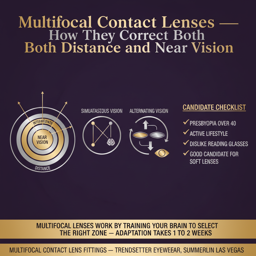 Infographic explaining multifocal contact lenses: lens cross-section showing concentric zone design with center zone for near vision, middle zone for intermediate, and outer zone for distance with light ray paths showing how each zone focuses at different distances; comparison of simultaneous vision design versus alternating vision design; candidate checklist including presbyopia over 40, active lifestyle, dislike reading glasses, and good candidate for soft lenses; multifocal lenses work by training the brain to select the right zone and adaptation takes one to two weeks — multifocal contact lens fittings at Trendsetter Eyewear Summerlin Las Vegas.