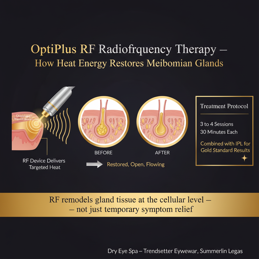 Infographic explaining OptiPlus RF radiofrequency therapy for dry eye: left diagram shows RF device delivering controlled heat waves into eyelid tissue with depth penetration shown; center before and after cross-section of meibomian gland shows thickened blocked atrophied gland before treatment versus restored open flowing gland after; right panel shows treatment protocol of 3 to 4 sessions each 30 minutes combined with IPL for gold standard results — Trendsetter Eyewear Dry Eye Spa Summerlin Las Vegas.