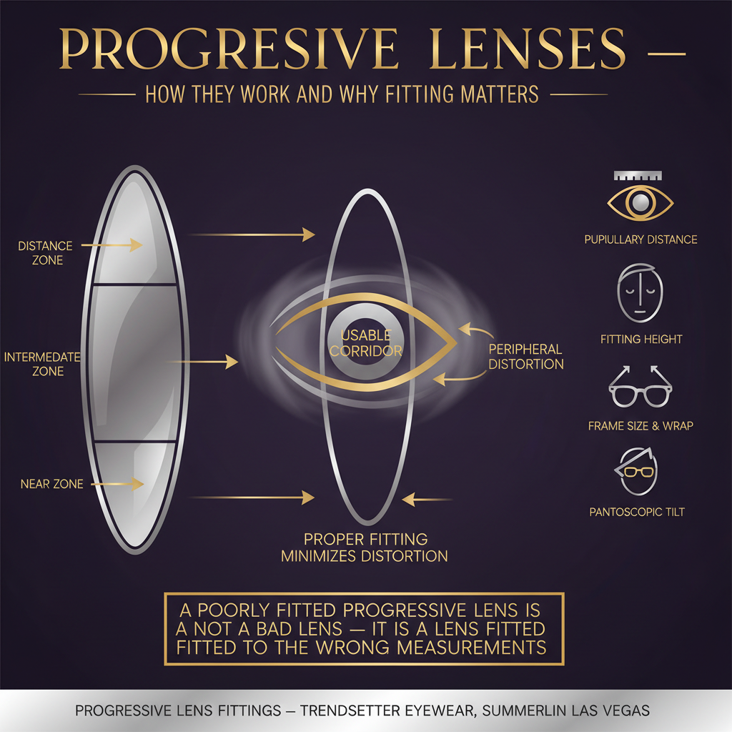 Infographic explaining how progressive lenses work and why fitting matters: lens zone diagram showing three zones including top distance zone, middle intermediate zone, and bottom near zone with viewing angle arrows for each; peripheral distortion diagram showing unwearable soft blur zones on the sides of a progressive lens and why proper fitting minimizes them; fitting variables including pupillary distance, fitting height, frame size and wrap, and pantoscopic tilt each affecting the usable corridor width — progressive lens fittings at Trendsetter Eyewear Summerlin Las Vegas.