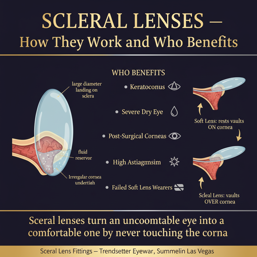 Infographic showing how scleral lenses work: cross-section diagram of eye with scleral lens vaulting over the cornea with saline reservoir between lens and corneal surface, labeled with large diameter landing on sclera, fluid reservoir, and irregular cornea underneath; who benefits including keratoconus, severe dry eye, post-surgical corneas, high astigmatism, and failed soft lens wearers; comparison of soft lens sitting on cornea versus scleral lens vaulting over it — scleral lens fittings at Trendsetter Eyewear Summerlin Las Vegas.