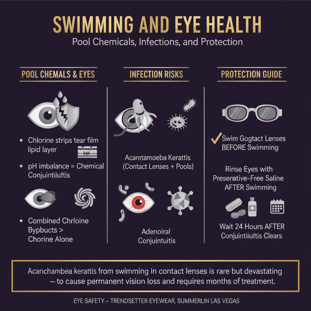 Infographic on swimming and eye health covering pool chemicals, infections, and protection: what pool chemicals do to eyes including chlorine stripping the tear film lipid layer, pH imbalance causing chemical conjunctivitis, and combined chlorine byproducts being more irritating than chlorine alone; infection risks including Acanthamoeba keratitis from contact lens wear in pools, bacterial conjunctivitis, and adenoviral conjunctivitis; protection guide including swim goggles as the only effective protection, removing contact lenses before swimming, rinsing eyes with preservative-free saline after swimming, and waiting 24 hours after conjunctivitis clears before returning to pool — eye safety at Trendsetter Eyewear Summerlin Las Vegas.