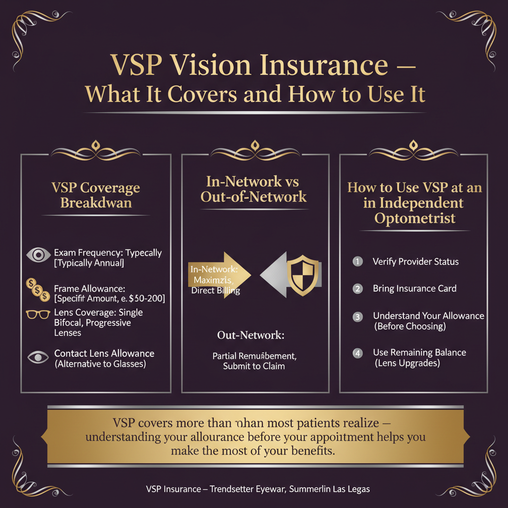 Infographic on VSP vision insurance showing what it covers and how to use it: VSP coverage breakdown including exam frequency typically annual, frame allowance amount, lens coverage by type for single vision, bifocal, and progressive, and contact lens allowance versus glasses allowance; in-network versus out-of-network comparison showing in-network maximizes benefits and out-of-network still provides partial reimbursement; how to use VSP at an independent optometrist including verifying provider status, bringing insurance card, understanding allowance before choosing frames, and using remaining balance on lens upgrades — VSP insurance at Trendsetter Eyewear Summerlin Las Vegas.
