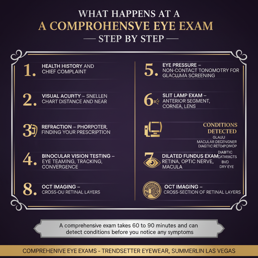 Infographic showing 8 steps of a comprehensive eye exam: step 1 health history and chief complaint; step 2 visual acuity with Snellen chart for distance and near; step 3 refraction with phoropter to find prescription; step 4 binocular vision testing for eye teaming, tracking, and convergence; step 5 eye pressure with non-contact tonometry for glaucoma screening; step 6 slit lamp exam of anterior segment, cornea, and lens; step 7 dilated fundus exam of retina, optic nerve, and macula; step 8 OCT imaging cross-section of retinal layers; conditions detected include glaucoma, macular degeneration, diabetic retinopathy, cataracts, BVD, and dry eye; a comprehensive exam takes 60 to 90 minutes and can detect conditions before symptoms appear — comprehensive eye exams at Trendsetter Eyewear Summerlin Las Vegas.