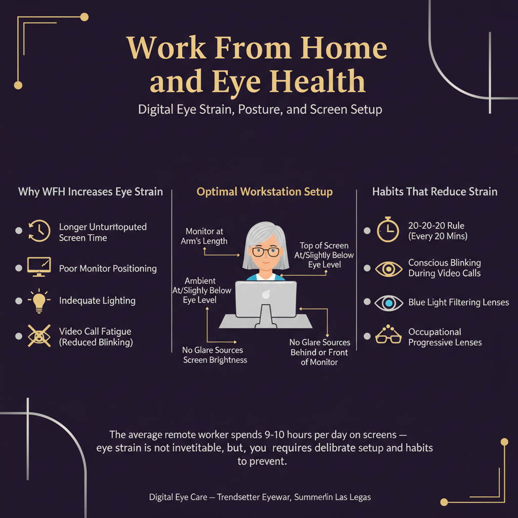 Infographic on work from home and eye health covering digital eye strain, posture, and screen setup: why WFH increases eye strain including longer uninterrupted screen time, poor monitor positioning, inadequate lighting, and video call fatigue from reduced blinking; optimal workstation setup showing monitor at arm's length, top of screen at or slightly below eye level, ambient light matching screen brightness, and no glare sources behind or in front of monitor; habits that reduce strain including 20-20-20 rule every 20 minutes, conscious blinking during video calls, blue light filtering lenses for screen work, and occupational progressive lenses for computer distance — digital eye care at Trendsetter Eyewear Summerlin Las Vegas.